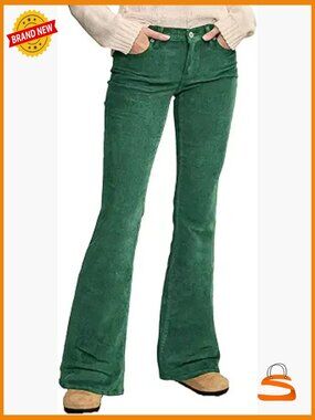 Mid Rise Corduroy Flare Leg Pants with Pockets Elastic Dress Pants
